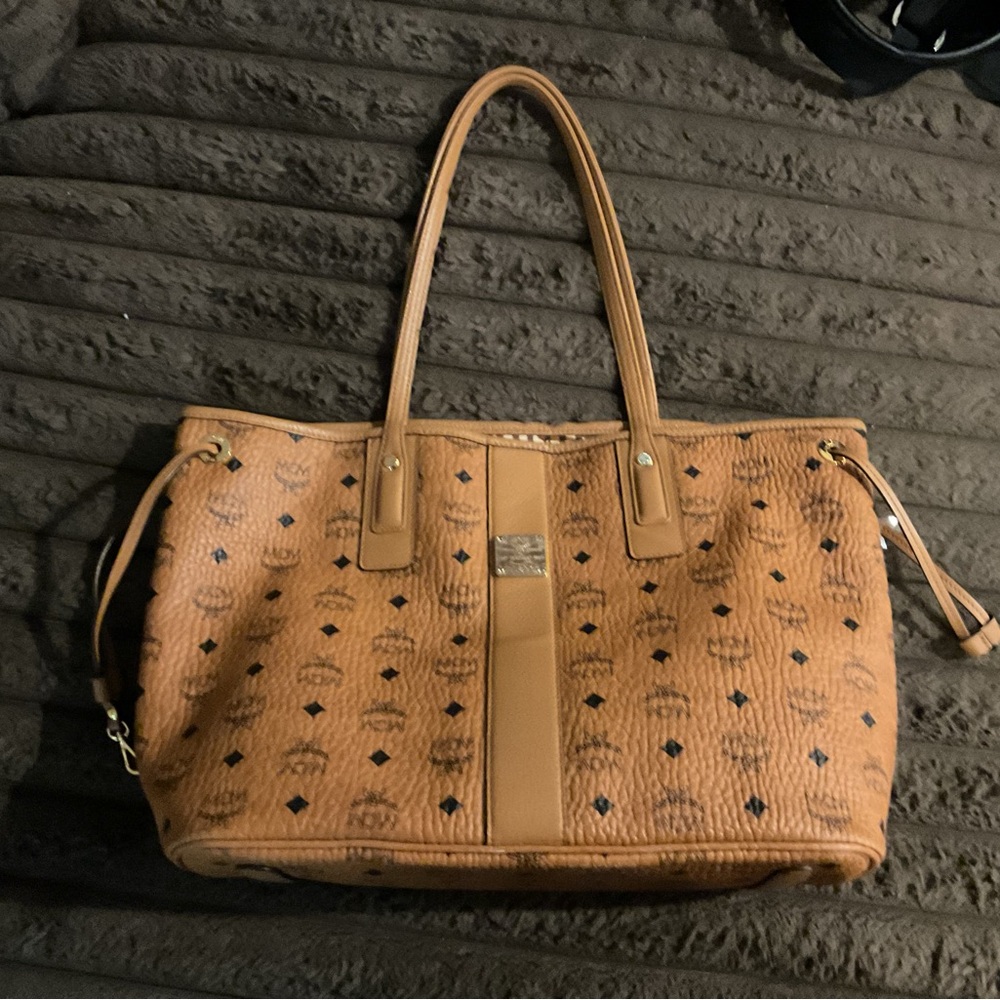 MCM Cognac Leather Tote with Gold Details